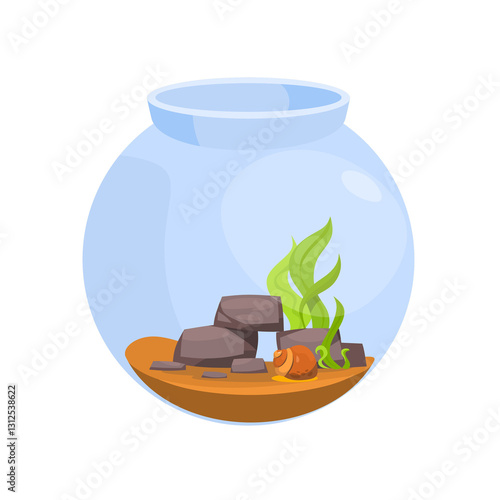 Colorful vector illustration of aquarium with aquatic plants for decorative, educational materials, children's books, digital projects related to marine life. Aquarium isolated on white background