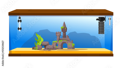 Colorful vector illustration of aquarium with aquatic plants for decorative, educational materials, children's books, digital projects related to marine life. Aquarium isolated on white background
