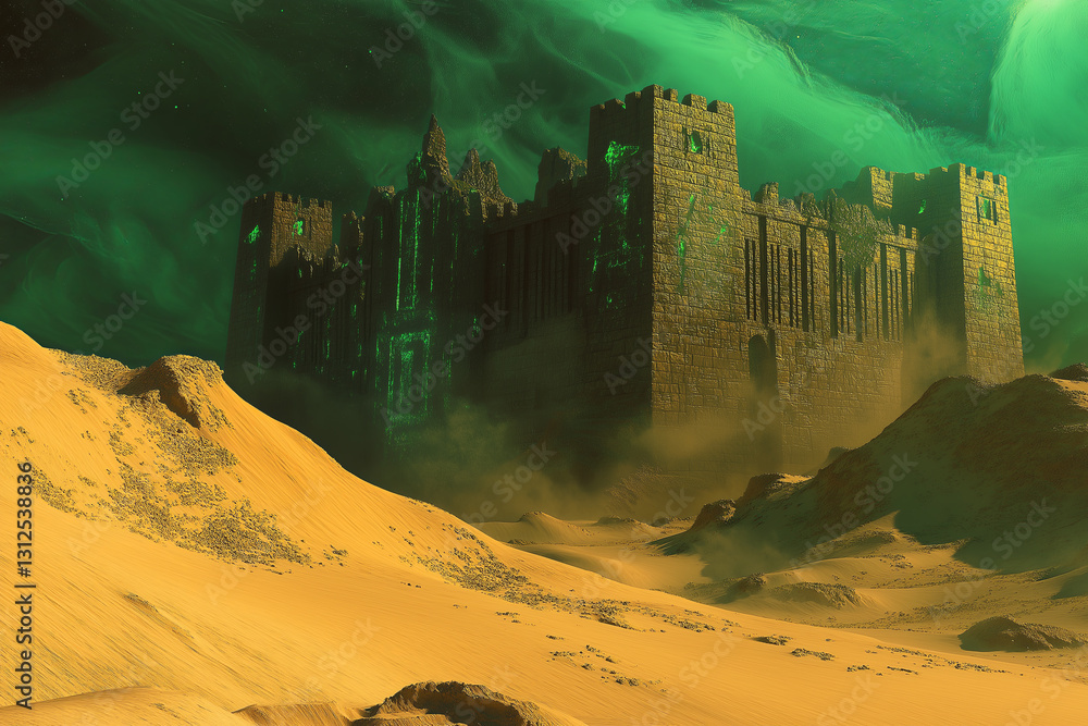 Ancient Fortress in an Emerald Desert – Glowing Runes, Hidden Treasures, and Mystical Dust Creating a Magical Aura