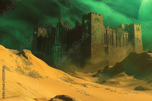 Obraz na płótnie Ancient Fortress in an Emerald Desert – Glowing Runes, Hidden Treasures, and Mystical Dust Creating a Magical Aura w salonie