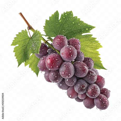 abstract 3d fresh organic  grapes cluster with water droplets and green leaf isolated on pure white background 