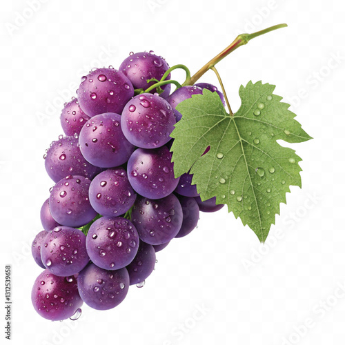 abstract 3d fresh organic  grapes cluster with water droplets and green leaf isolated on pure white background 