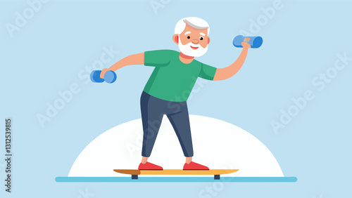 An elderly man using a balance board while performing es with light dumbbells challenging his muscles while also improving his coordination.. Vector illustration