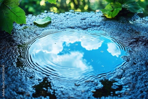 Reflecting tranquility of bright clouds in a gentle puddle after rain in a lush green setting photo