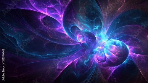 dynamic cyan and purple abstract design with curved patterns and floating highlights, artistic and futuristic, modern and playful design
