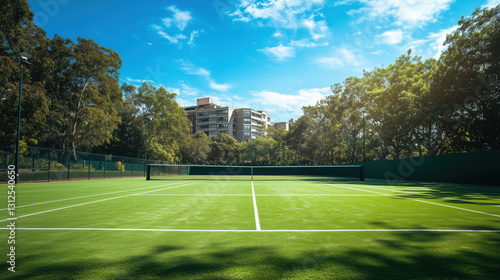 Wallpaper Mural University Campus Tennis Court with Vibrant Green Grass, Surrounded by Open Space for Matches, Events, and Custom Text Placement Torontodigital.ca