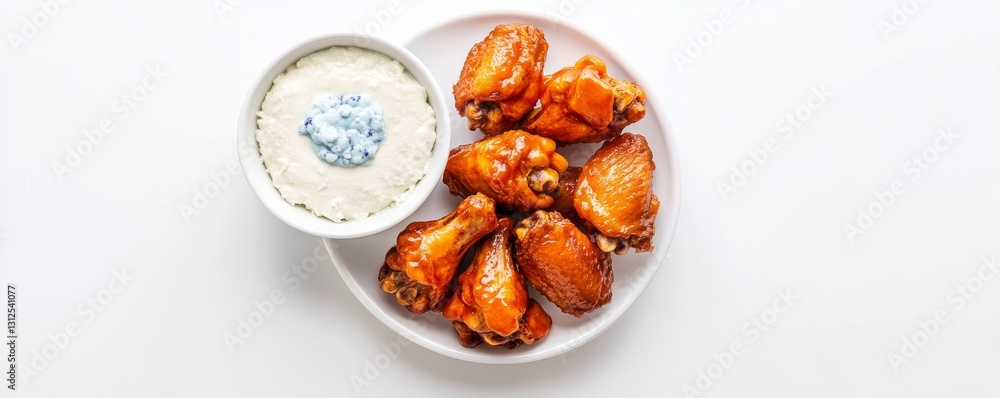 buffalo wings with blue cheese dip, classic American snack, photorealistic, isolated on white background buffalo wings with blue cheese dip, classic American snack, photorealistic, isolated on white background