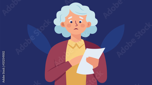 An elderly woman trembling hands clutching her paper captivates the audience with a raw and emotional poem about her memories.. Vector illustration