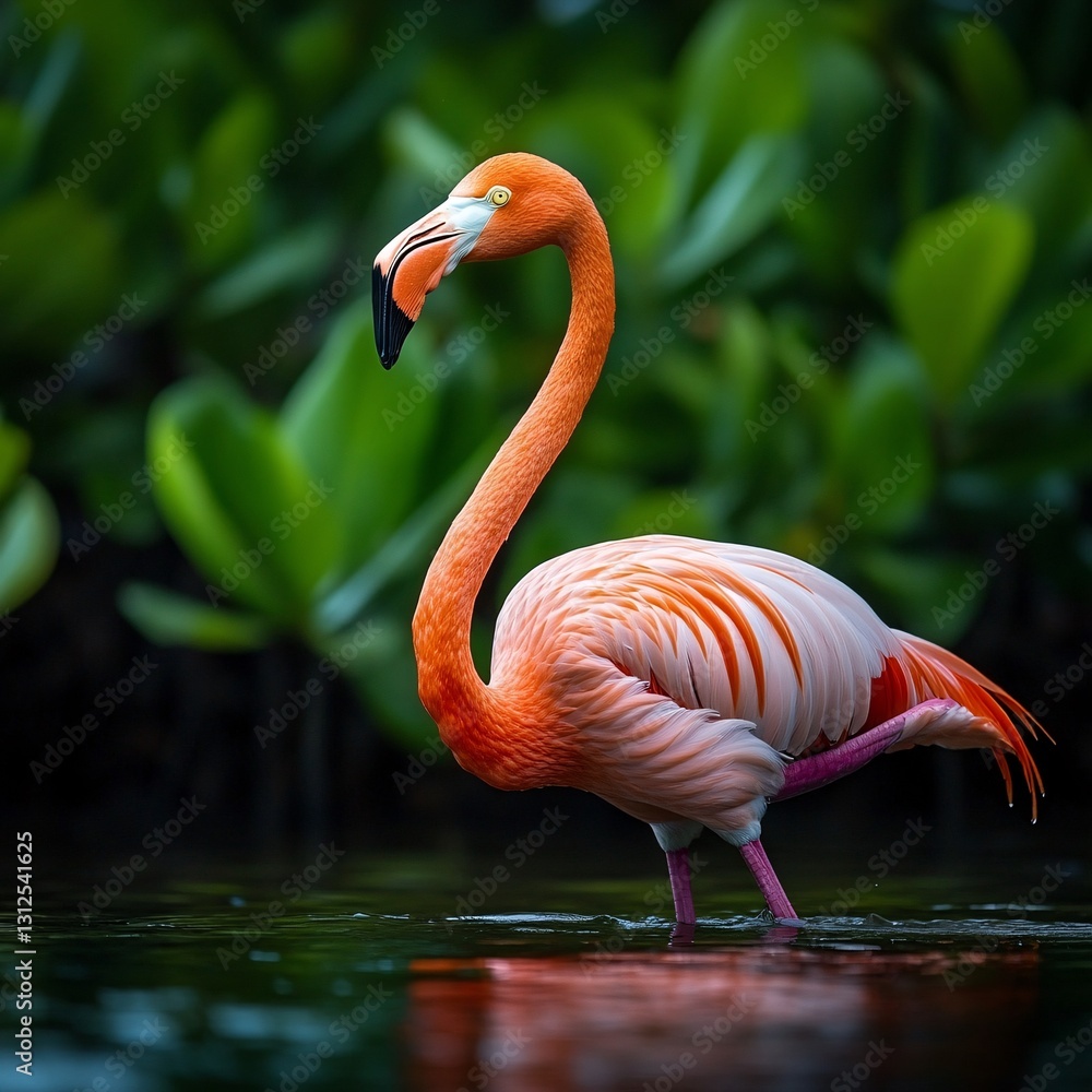 Obraz premium Caribbean flamingo wading in mangrove swamp