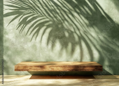3D rendering of a minimal background with an empty wooden podium and a green wall with a palm leaf shadow