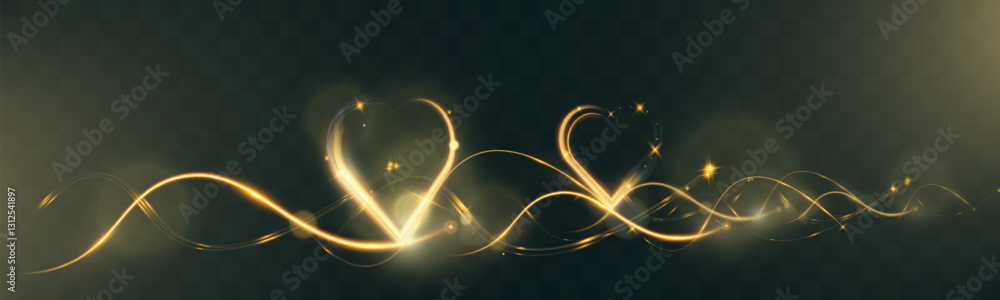 Fototapeta premium Golden glowing heart shapes, light trails in a dark background. Romantic Valentine’s Day design elements with elegant shiny effects and bokeh.