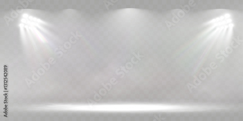 Spotlight stage background with fog and transparent effect. Realistic illuminated empty scene with dramatic lighting.	
