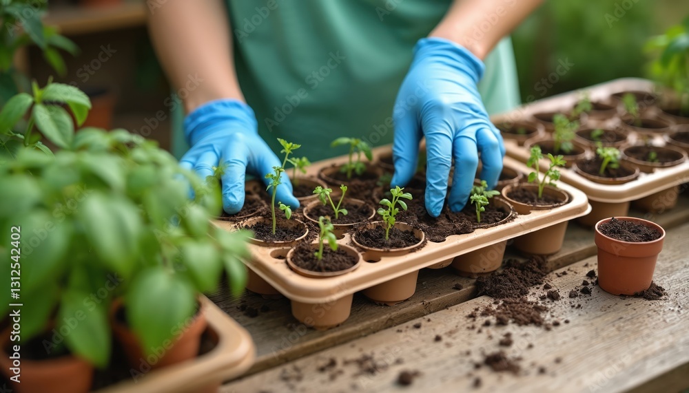 Fototapeta premium Woman gardener in blue gloves transplants young tomato seedlings into eco-friendly pots. Potting on wooden table. Organic gardening concept, spring, healthy eating, cultivation. Home grown produce,