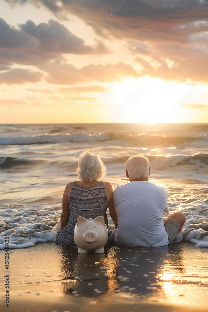 Fototapeta premium An elderly couple sitting on the sandy beach with a piggy bank, gazing at a stunning sunset over the ocean waves, conveying retirement planning, love, and companionship.
