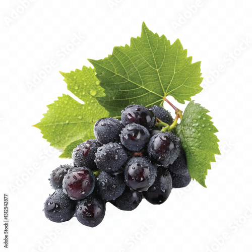 abstract 3d fresh organic  grapes cluster with water droplets and green leaf isolated on pure white background 