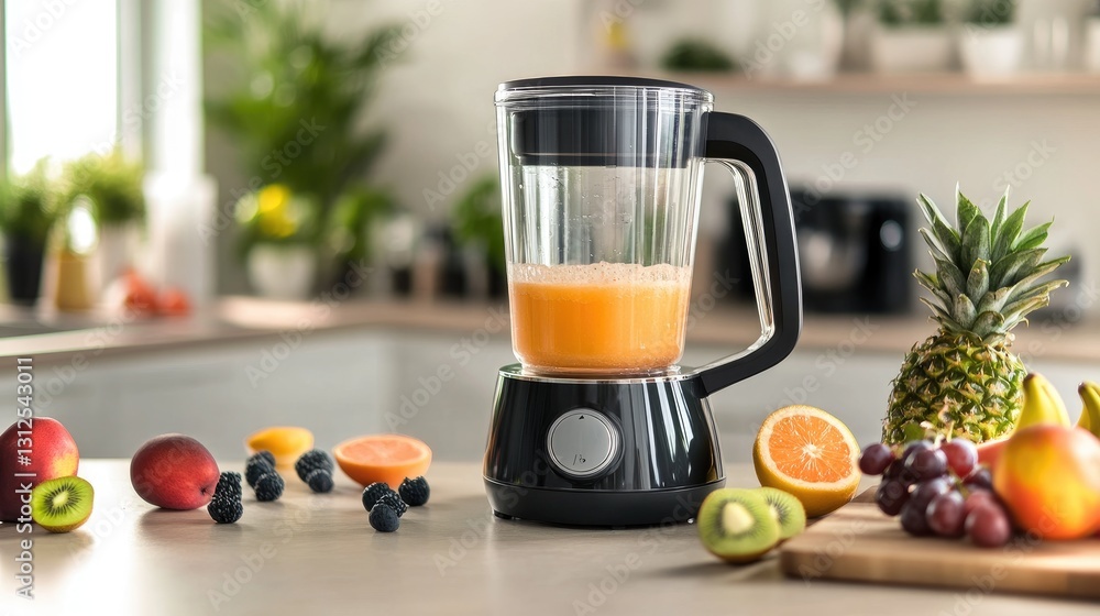 Fresh Fruit Smoothie Preparation with a Modern Blender and Colorful Ingredients on a Kitchen Counter Fresh Fruit Smoothie Preparation with a Modern Blender and Colorful Ingredients on a Kitchen Counter
