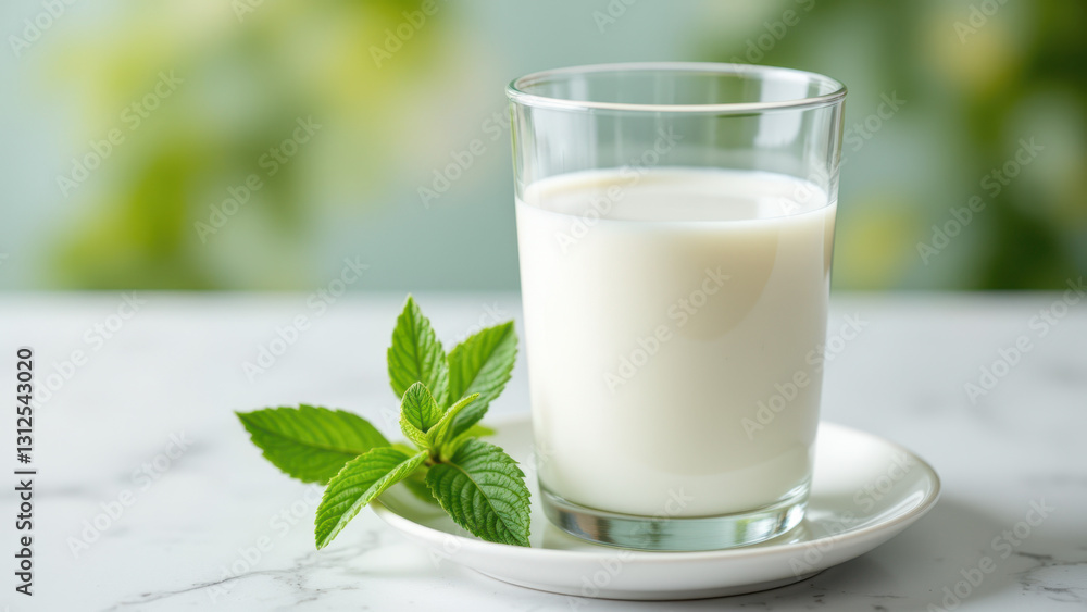 Glass of A2 milk with a sprig of mint on a white marble surface. Glass of A2 milk with a sprig of mint on a white marble surface.