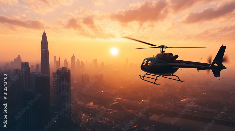 A helicopter flying over a city skyline at sunset, with empty space for text in the sky A helicopter flying over a city skyline at sunset, with empty space for text in the sky