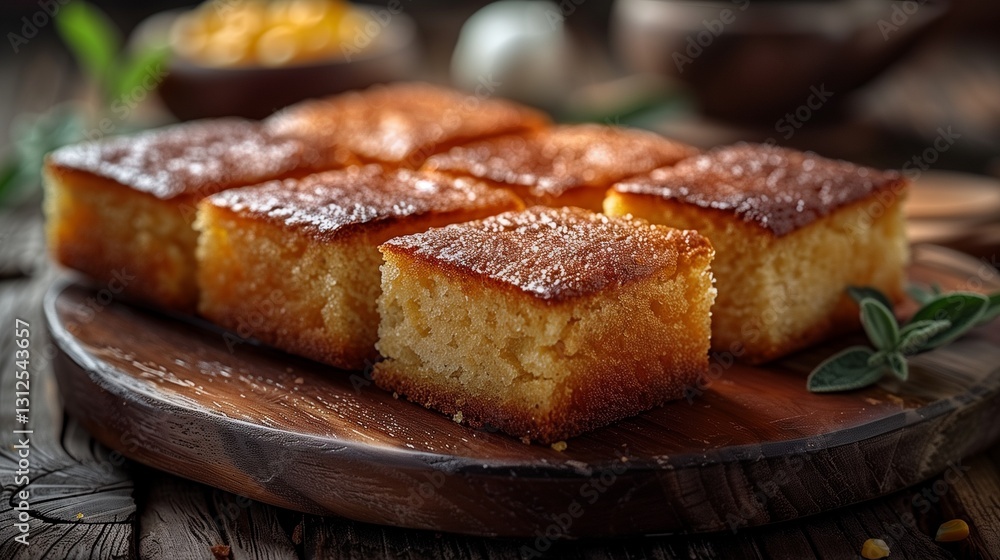 A rustic wooden board displaying neatly cut golden syrupdrenched cake pieces garnished with fresh herbs in a warm cozy setting A rustic wooden board displaying neatly cut golden syrupdrenched cake pieces garnished with fresh herbs in a warm cozy setting