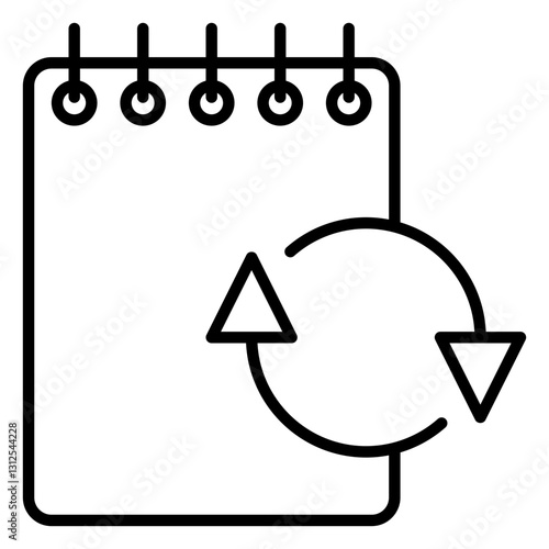 Minimalist outline icon of a notepad with a refresh symbol, representing task updates, synchronization, or revisions. Ideal for UI/UX design, and productivity-related projects.