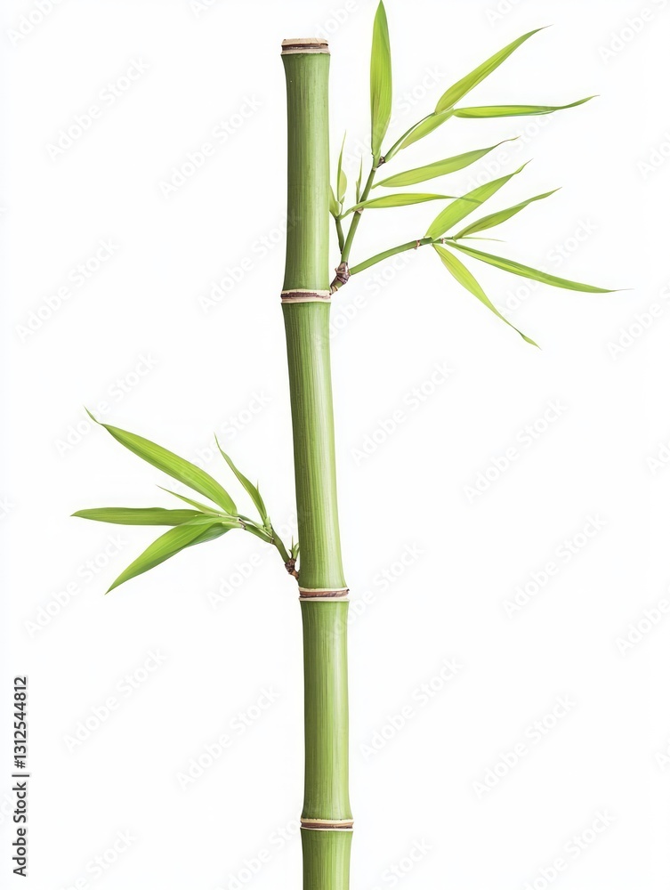 Fototapeta premium Tall Bamboo Culm with Fresh Green Leaves Against White Background