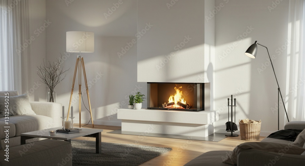 Naklejka premium Cozy Living Room Interior with Burning Fireplace and Modern Design