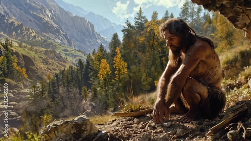 A primitive hominid, hirsute male homo sapiens sits atop a rocky outcrop, mountainous wilderness. History of the evolution of the ancient humanity