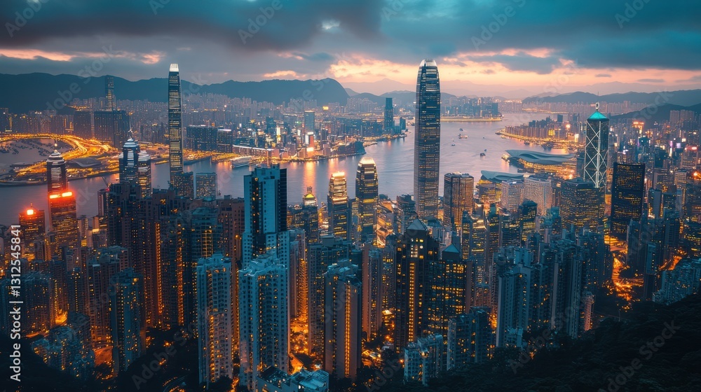 Fototapeta premium A majestic aerial cityscape illuminated by beautiful city lights at twilight