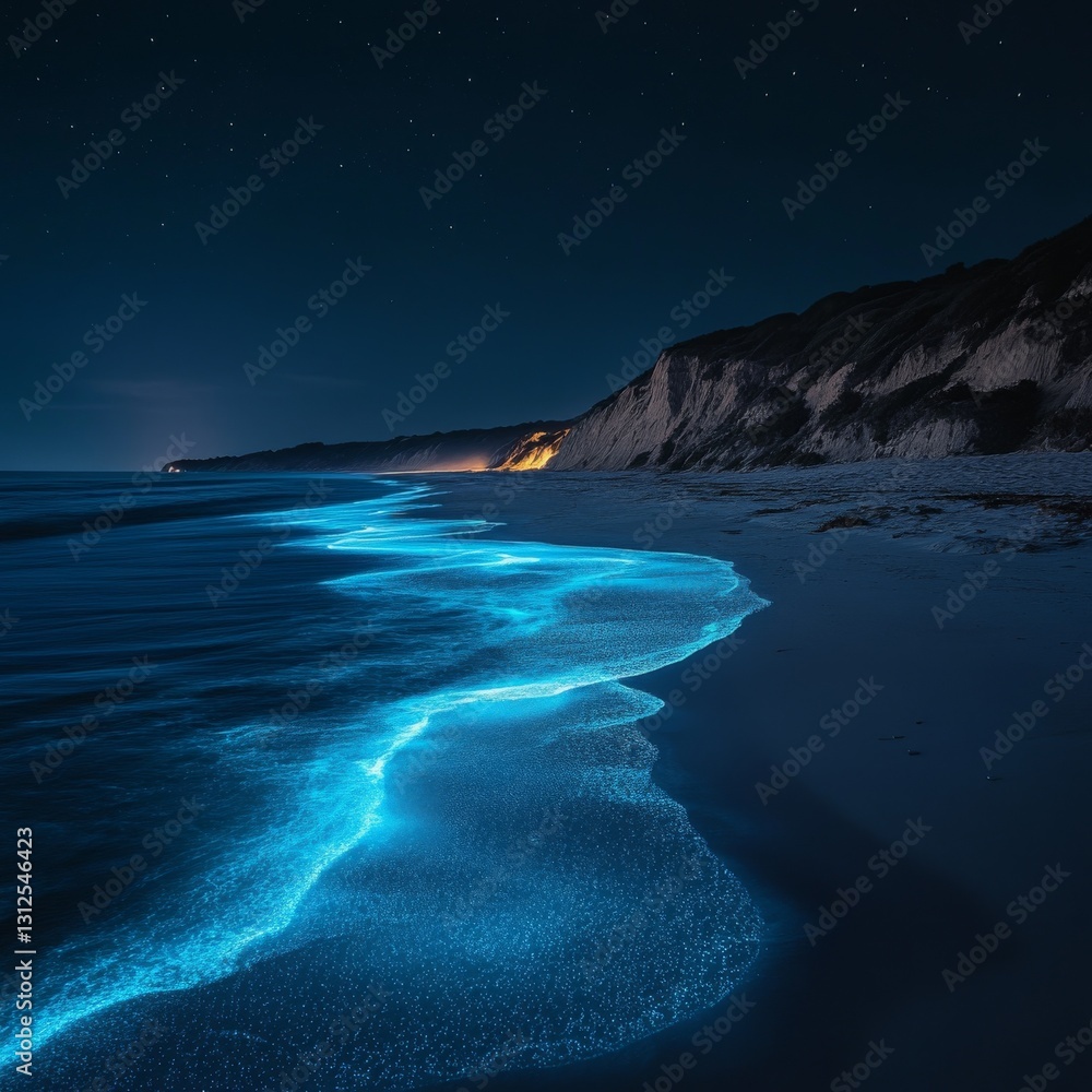 Fototapeta premium Bioluminescent Waves at Night: A Magical Glow on the Shoreline Under a Starry Sky.
