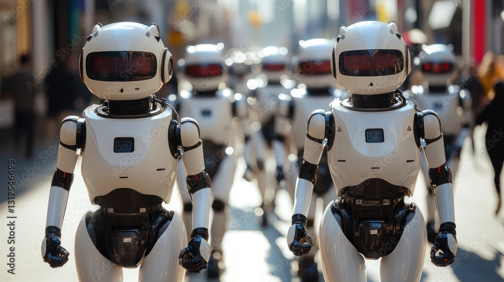 Naklejka premium Multiple robotic figures march down a sunlit street together calmly