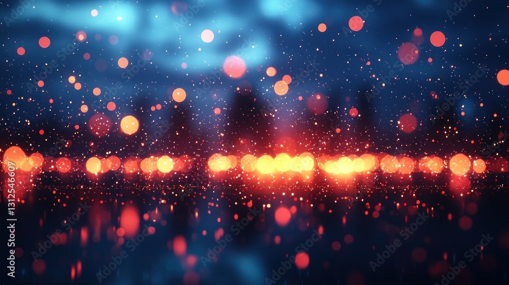 Fototapeta premium Abstract cityscape glows with bokeh lights against a dark blue sky background