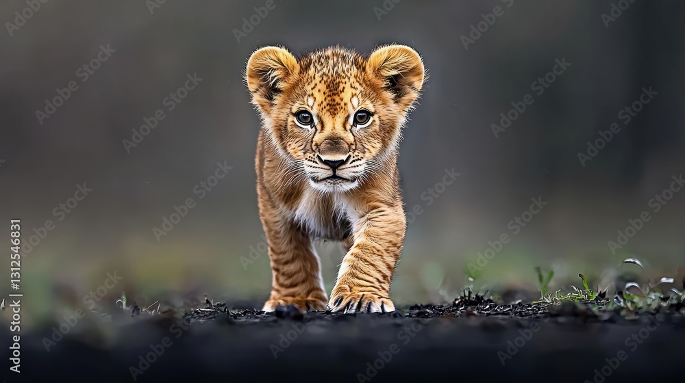 Obraz premium Lion Cub Walking Towards Camera in Dark Savanna
