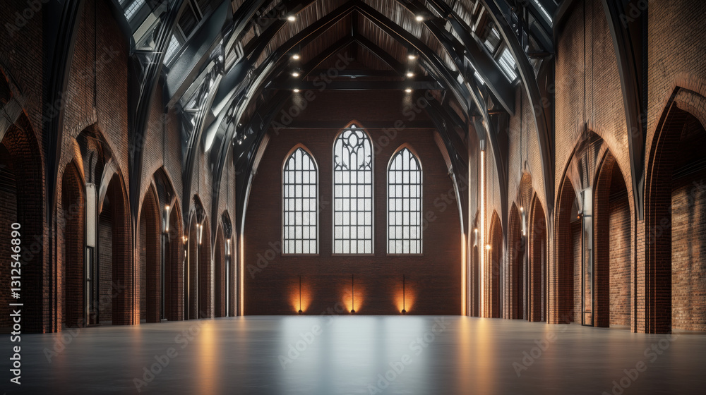 Fototapeta premium Expansive Industrial Hall with Steel Beams, Brick Walls, and High Arched Windows, Featuring Moody Lighting and a Bold, High-Contrast Atmosphere for Dramatic Text Placement