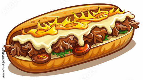 Philly Cheesesteak sandwich with finely chopped beef, melted cheddar cheese, and a creamy white sauce on a shiny, fresh long sandwich bun
