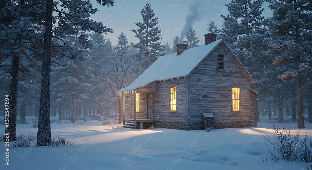 Snowy Cabin in Winter Forest with Glowing Windows and Snow Falling Snowy Cabin in Winter Forest with Glowing Windows and Snow Falling