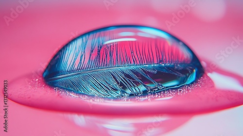 Delicate feather in a water droplet on a vibrant pink surface