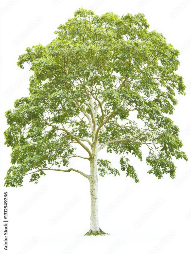 Obraz premium Symmetrical Beech Tree with Lush Green Foliage Isolated on White Background