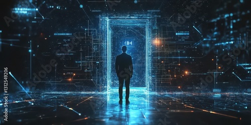Exploring a digital portal with glowing patterns and abstract technology elements in a futuristic setting