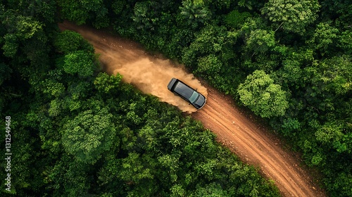Fototapeta Naklejka Na Ścianę i Meble -  Aerial view of a car driving on a dirt road through a lush green forest.