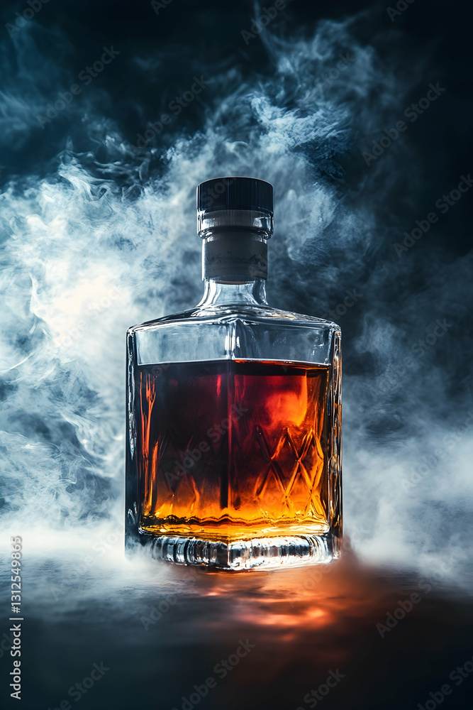 Premium whiskey bottle with sleek design, surrounded by smoky atmosphere, exudes elegance and sophistication. The rich amber color of the whiskey contrasts beautifully with the dark background Premium whiskey bottle with sleek design, surrounded by smoky atmosphere, exudes elegance and sophistication. The rich amber color of the whiskey contrasts beautifully with the dark background