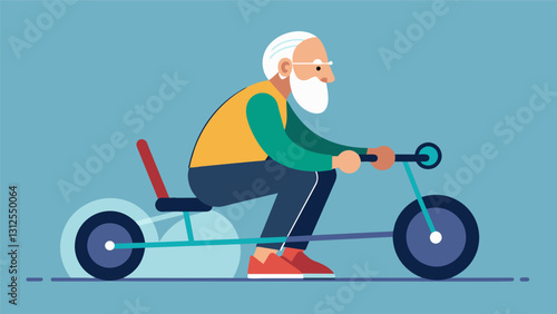 An elderly man navigating an obstacle course on a recumbent trike using his arm strength to power forward.. Vector illustration