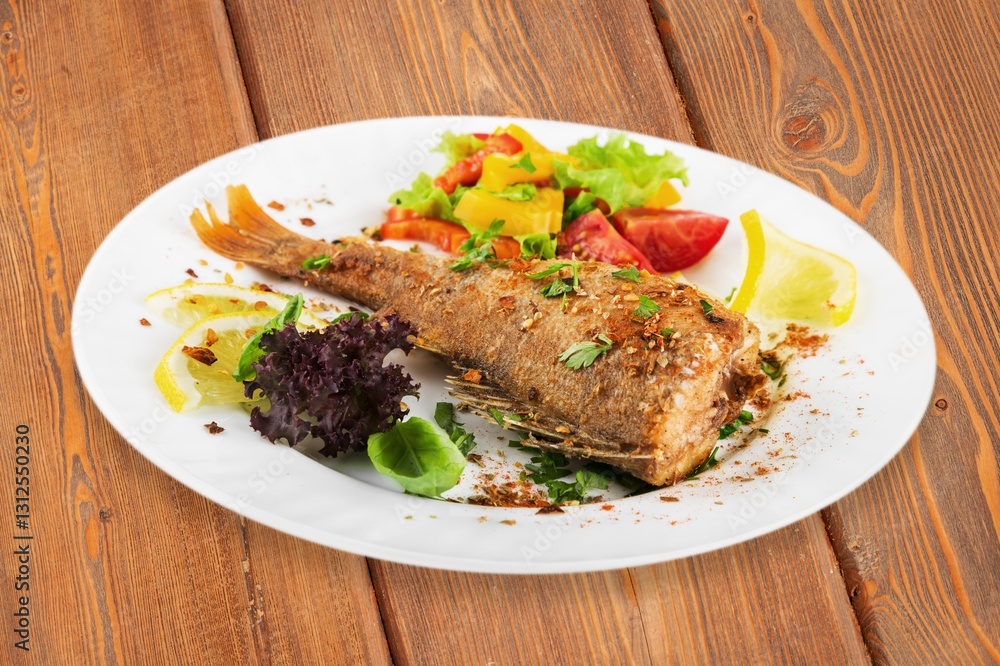 Fried tasty fish steak with cooked vegetables Fried tasty fish steak with cooked vegetables