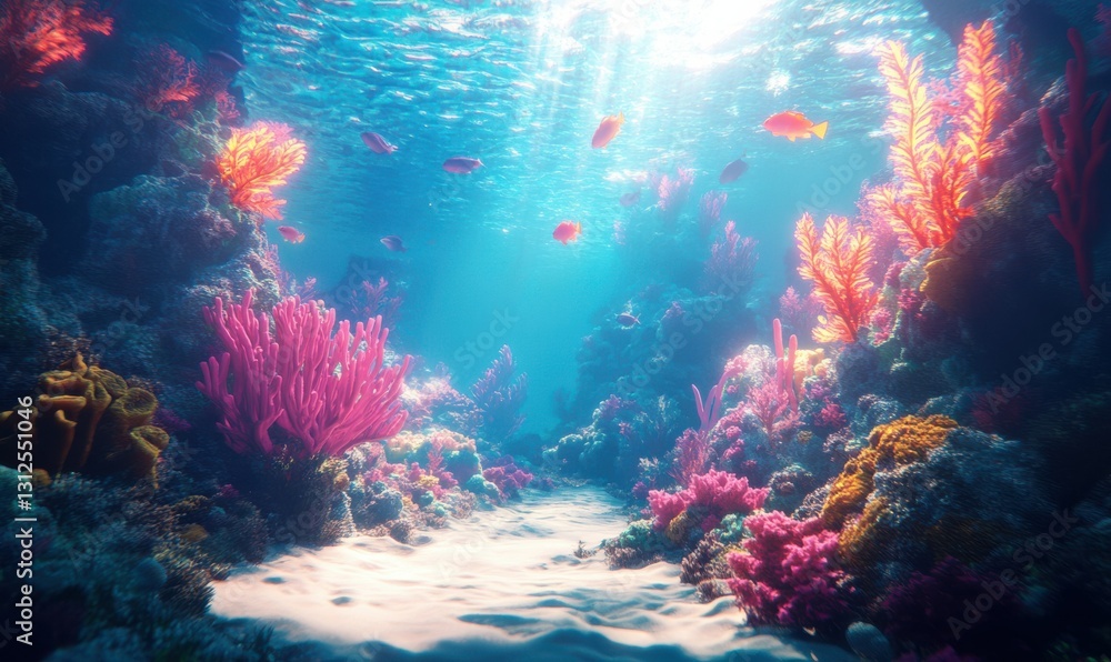 Underwater scene showcasing vibrant coral reefs and sunlight. Underwater scene showcasing vibrant coral reefs and sunlight.