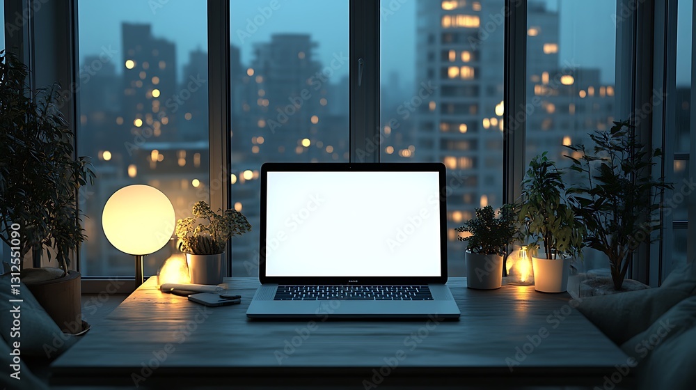 Laptop sits on a table in front of a window at night Laptop sits on a table in front of a window at night
