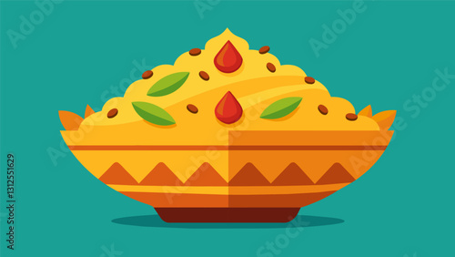 Saffroninfused rice pilaf studded with toasted nuts and dried fruits served in a decorative bowl.. Vector illustration