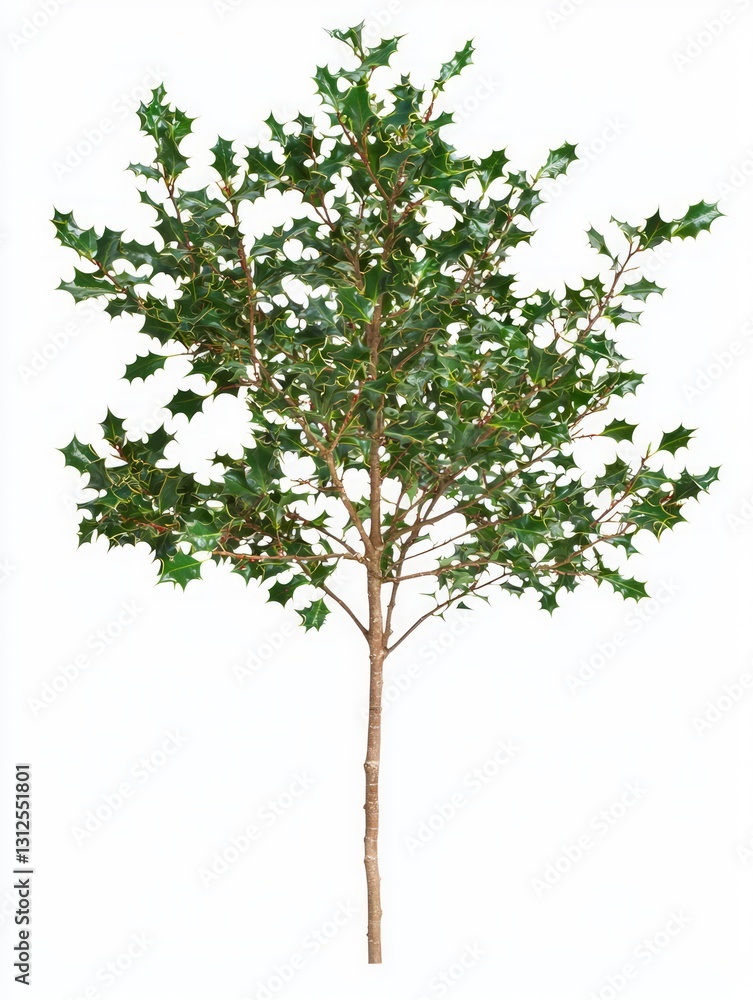Narrow Holly Tree with Thin Branches and Green Leaves Narrow Holly Tree with Thin Branches and Green Leaves