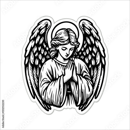 Illustration black white vector line drawing of praying angel