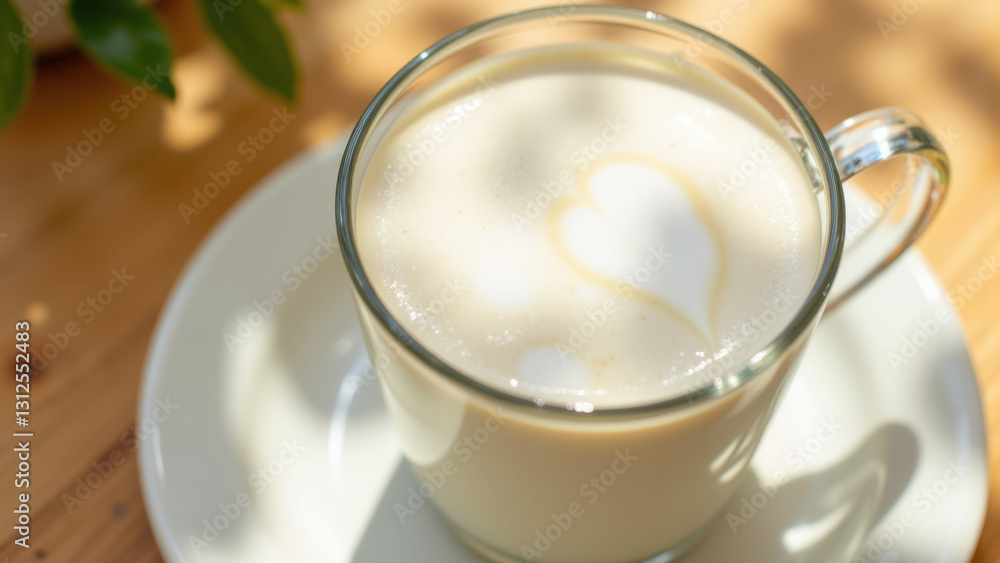 A glass mug filled with frothy milk. A glass mug filled with frothy milk.