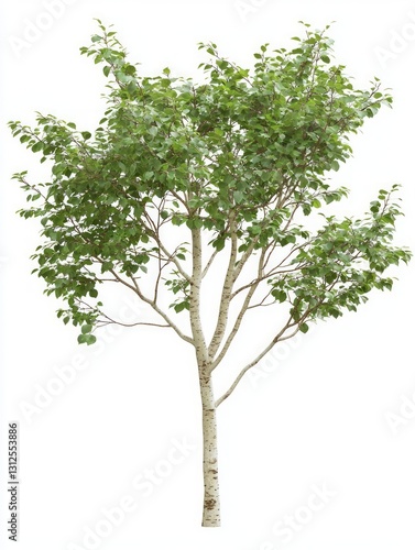 Multi-stemmed Alder Tree on White Background with Green Foliage