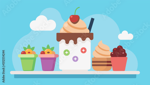 Transform your regular yogurt into a decadent treat at the Frozen Yogurt Parfait Station with toppings like caramel sauce gummy bears and whipped. Vector illustration